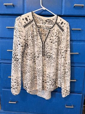 Lucky Brand Cream Blouse with Black Floral Print and Embroidered Trim